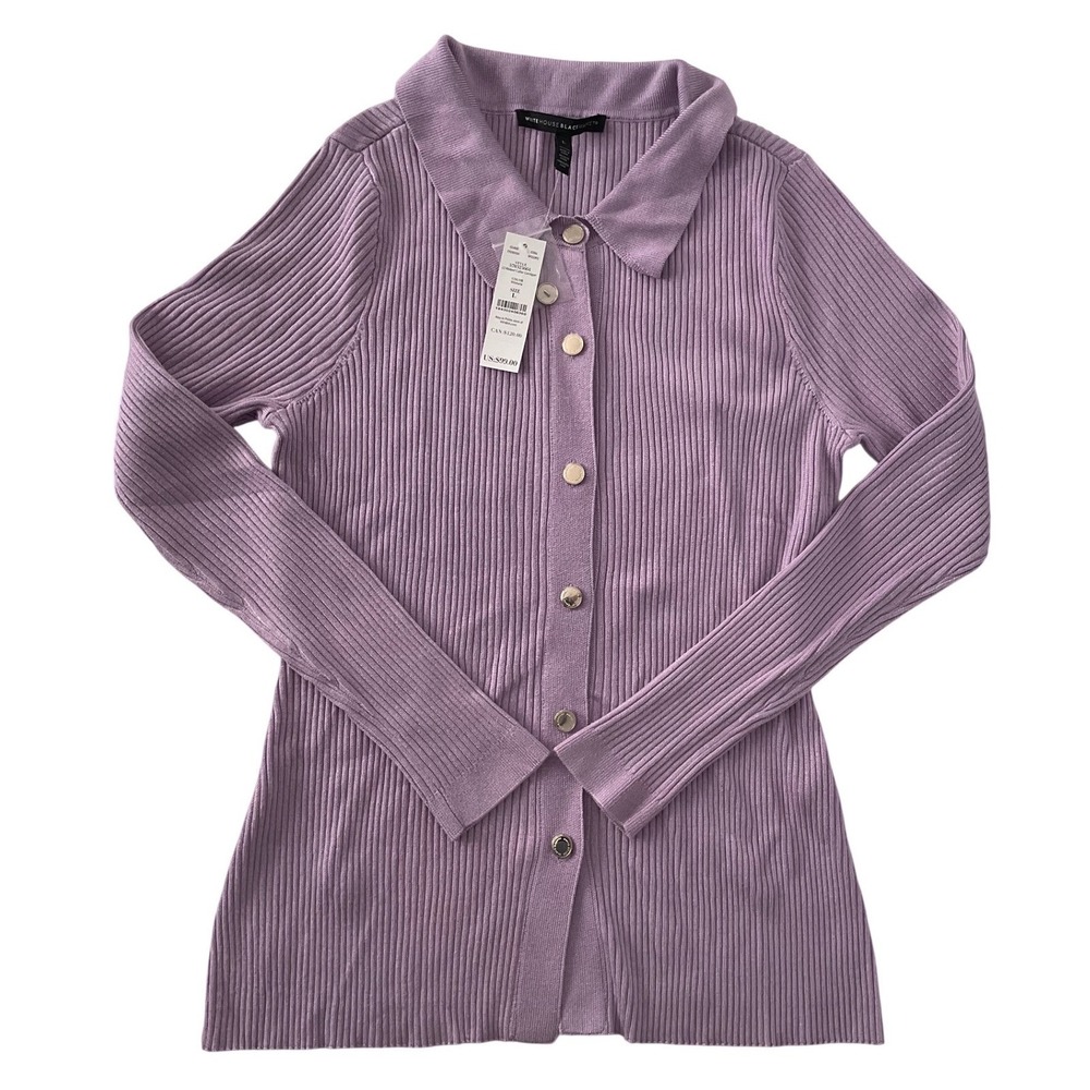White House Black Market LS Ribbed Collar Cardigan Wisteria Purple 570323664‎ L